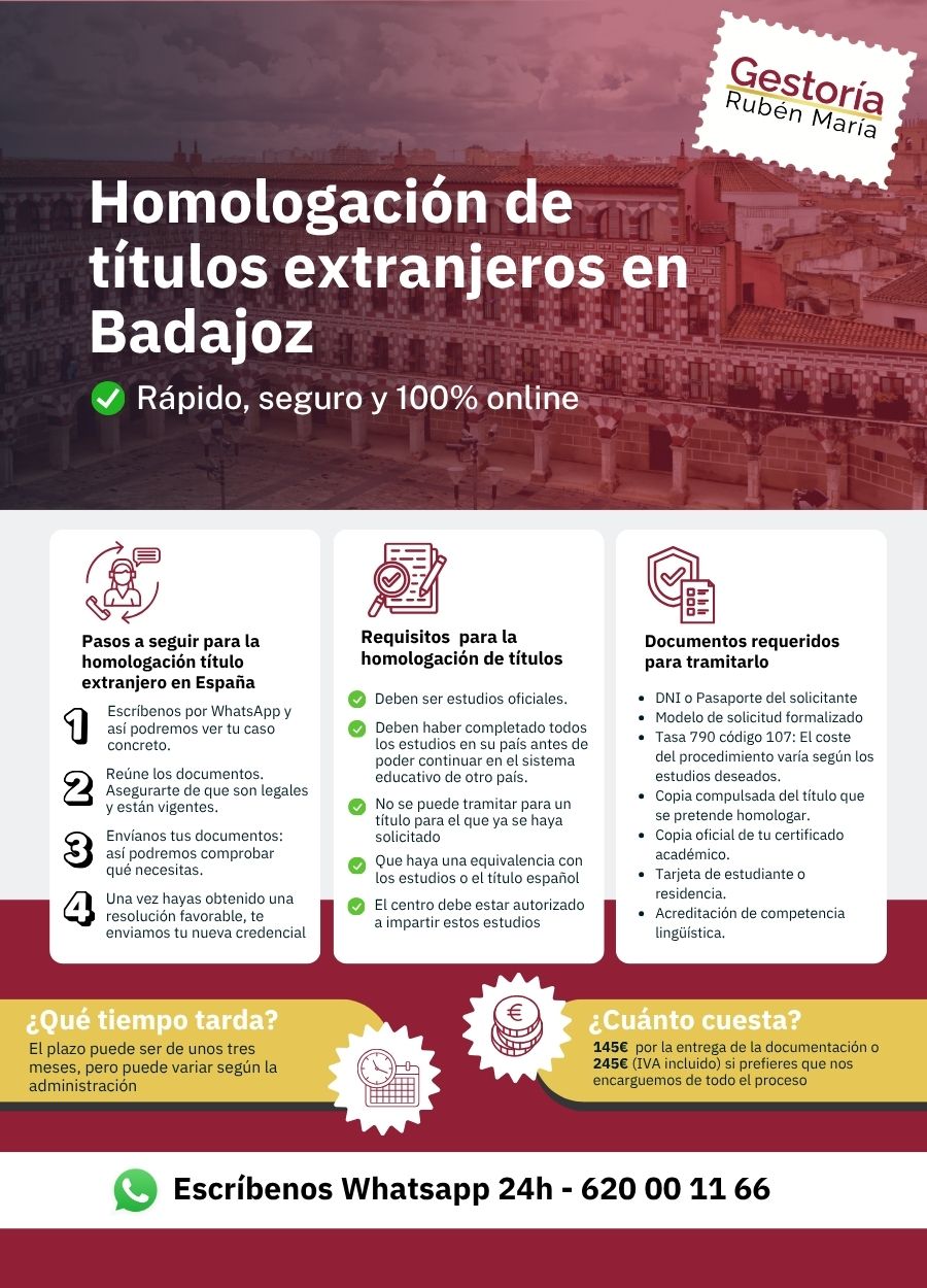 Servicio de homologación de título extranjero en Badajoz por Gestoría Rubén María