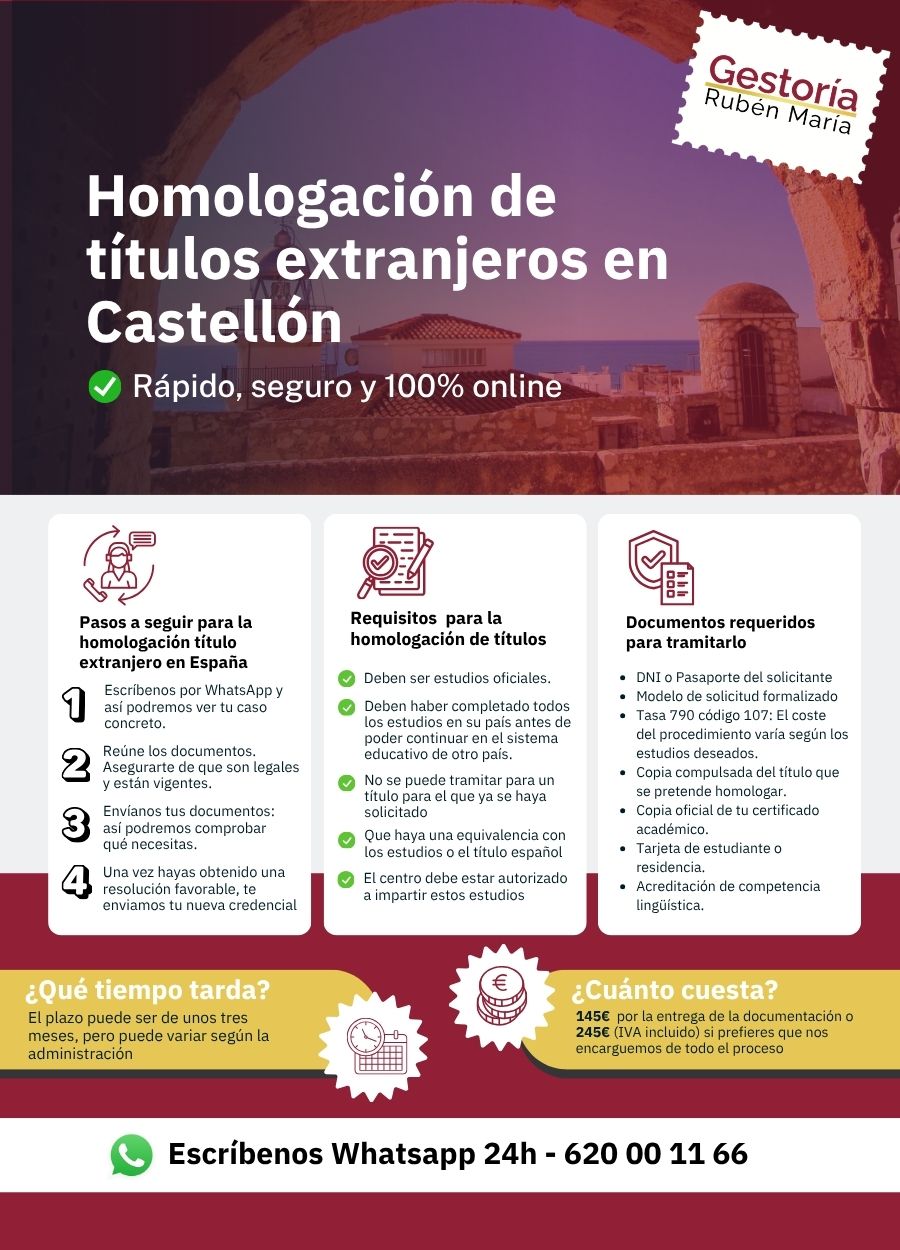 Servicio de homologación de título extranjero en Castellón por Gestoría Rubén María